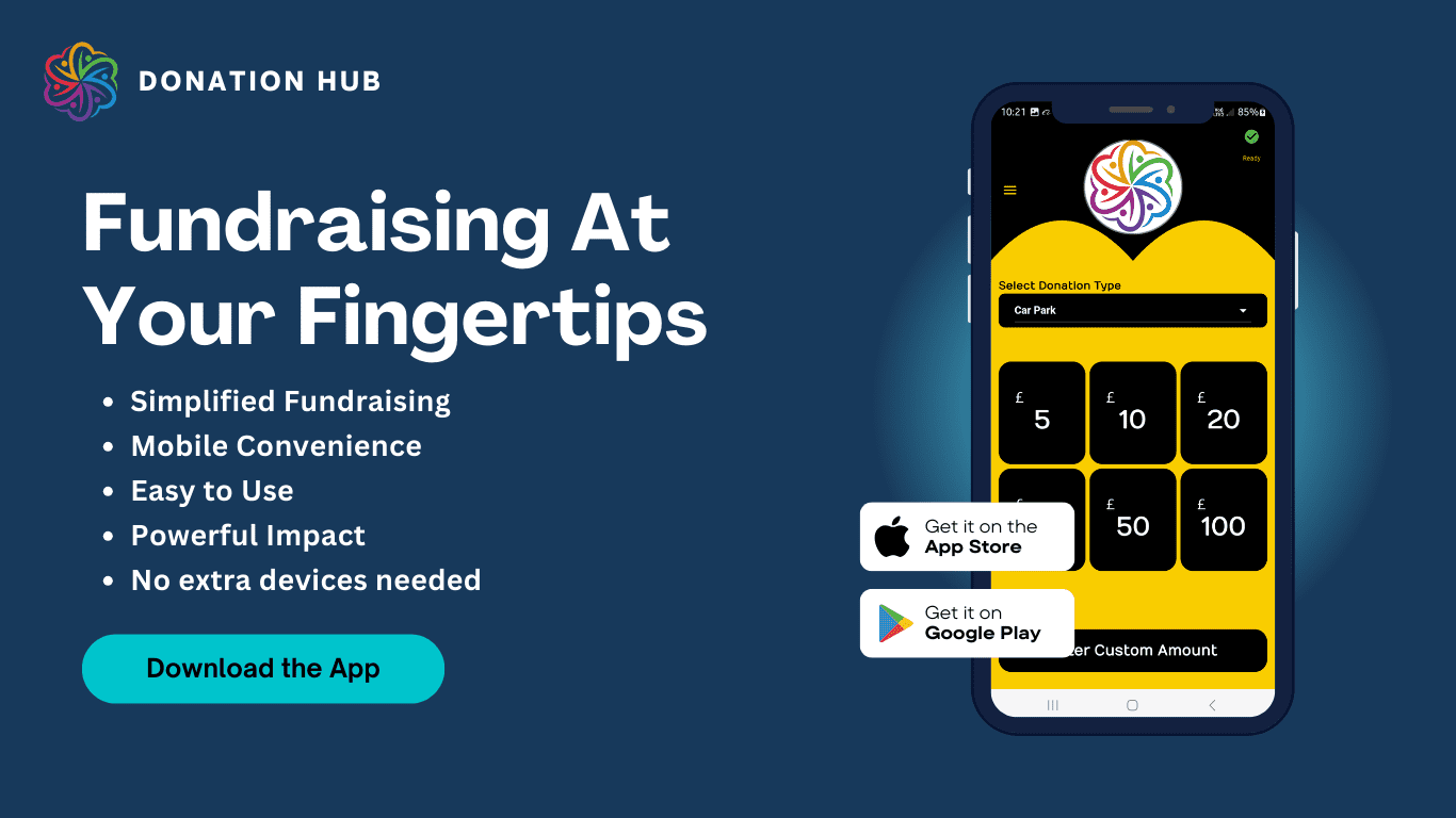Fundraising at your fingertips — simplified fundraising, mobile convenience, easy to use, powerful impact, no extra devices needed. Available on the App Store and Google Play.